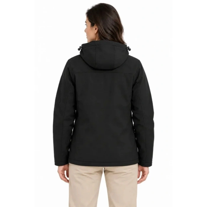 Su Geçirmez Softshell İçi Polar Astarlı Çıkarılabilir Kapüşonlu 4 Cepli Mont Ceket - Siyah