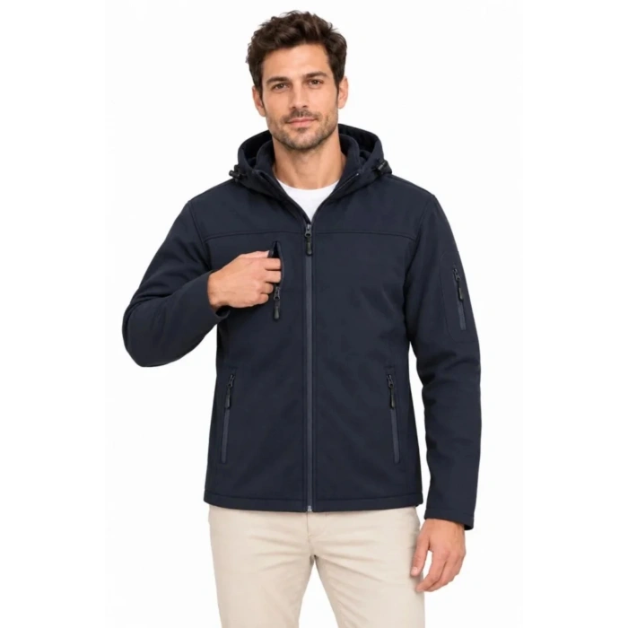 Erkek Su Geçirmez Softshell İçi Polar Astarlı Çıkarılabilir Kapüşonlu 4 Cepli Mont Ceket - Lacivert
