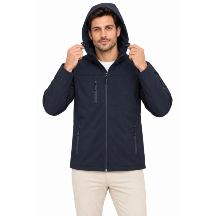 Erkek Su Geçirmez Softshell İçi Polar Astarlı Çıkarılabilir Kapüşonlu 4 Cepli Mont Ceket - Lacivert