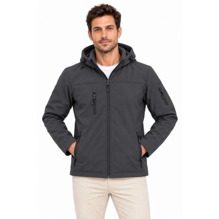 Erkek Su Geçirmez Softshell İçi Polar Astarlı Çıkarılabilir Kapüşonlu 4 Cepli Mont Ceket - Füme
