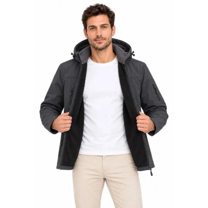 Erkek Su Geçirmez Softshell İçi Polar Astarlı Çıkarılabilir Kapüşonlu 4 Cepli Mont Ceket - Füme
