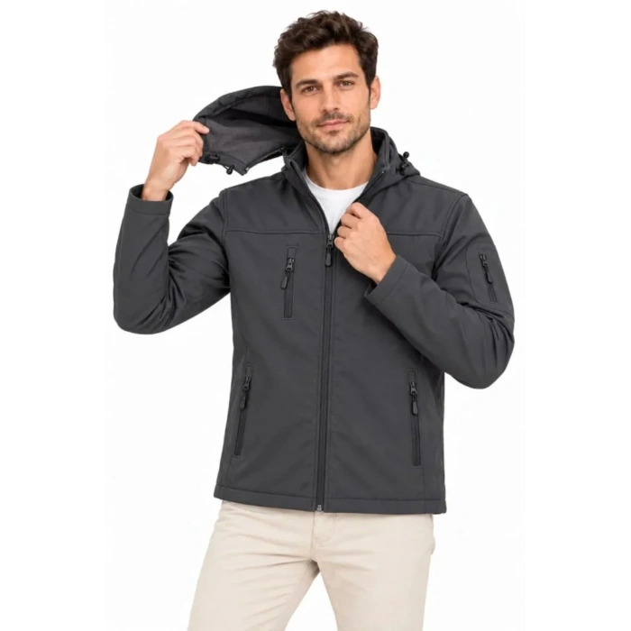 Erkek Su Geçirmez Softshell İçi Polar Astarlı Çıkarılabilir Kapüşonlu 4 Cepli Mont Ceket - Füme