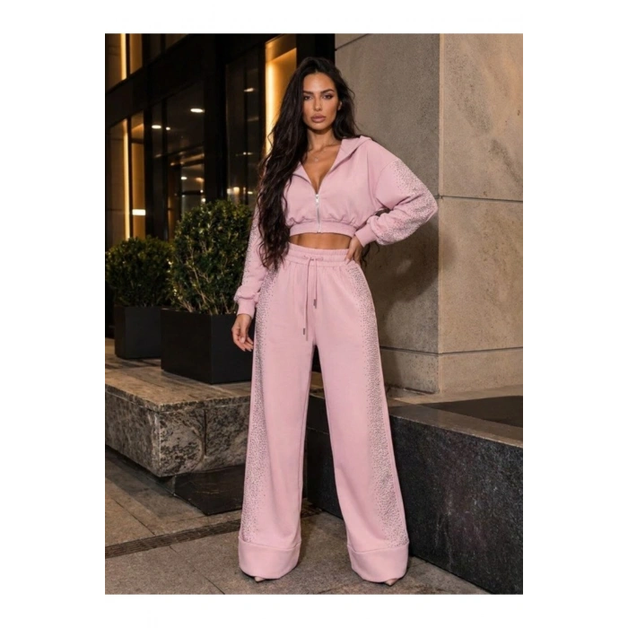 Kadın Taş Baskı Detaylı Fermuarlı Crop Sweatshirt Ve Geniş Paça Eşofman Takımı
