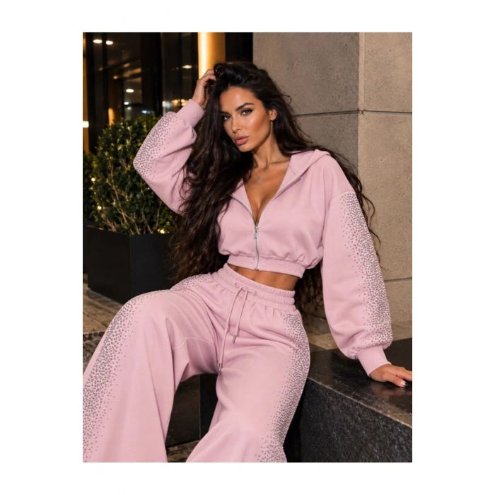 Kadın Taş Baskı Detaylı Fermuarlı Crop Sweatshirt Ve Geniş Paça Eşofman Takımı
