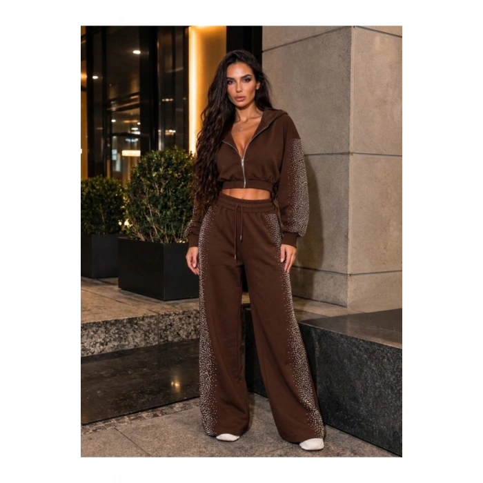 Kadın Taş Baskı Detaylı Fermuarlı Crop Sweatshirt Ve Geniş Paça Eşofman Takımı