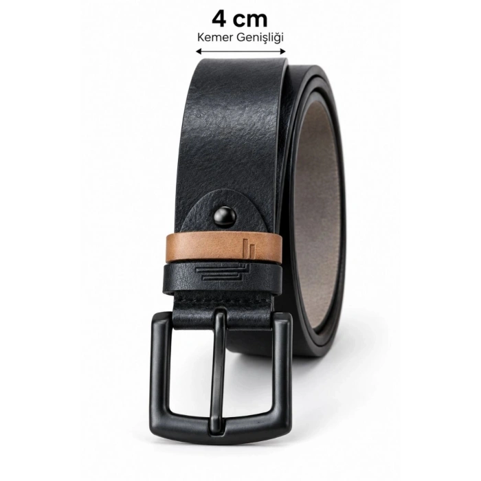 Erkek Siyah 4 cm Çift Biritli Metal Tokalı Kot ve Kumaş Pantolon Kemeri