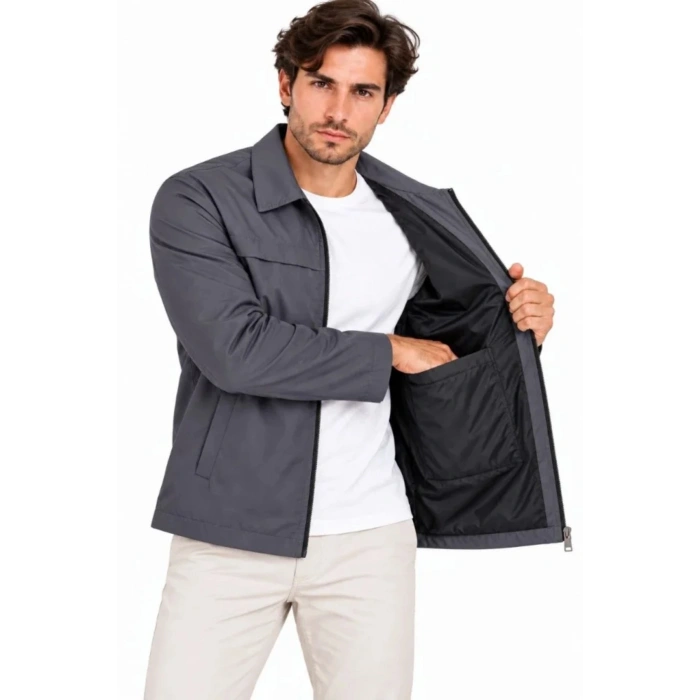 Erkek Su İtici Rüzgar Keser Astarlı Tam Fermuarlı 4 Mevsim Regular Fit Mont Ceket - Füme