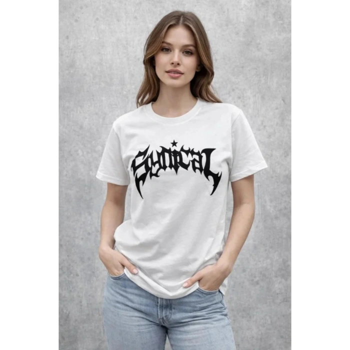 Bisiklet Yaka Ön Baskılı Kısa Kollu Tişört Streetwear Günlük Basic Pamuklu T-shirt - Beyaz