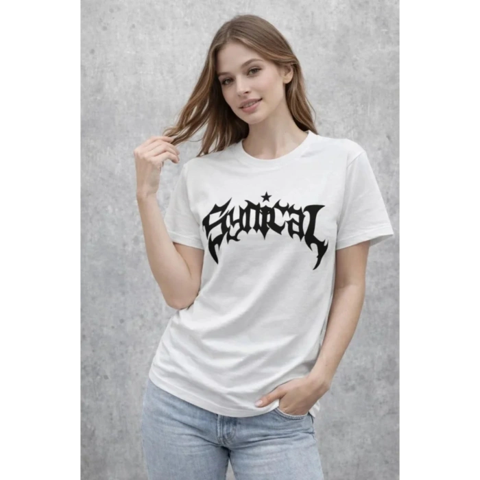 Bisiklet Yaka Ön Baskılı Kısa Kollu Tişört Streetwear Günlük Basic Pamuklu T-shirt - Beyaz