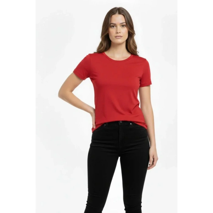 T-Shirt Bisiklet Yaka Slim Fit Likralı Tişört Günlük Basic Body - Kırmızı
