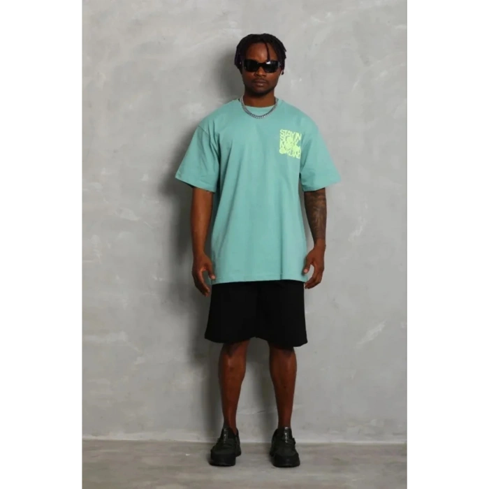 Erkek Baskılı T-Shirt Kısa Kol Bisiklet Yaka Regular Fit Rahat Kalıp Günlük Tişört - Mint Yeşili