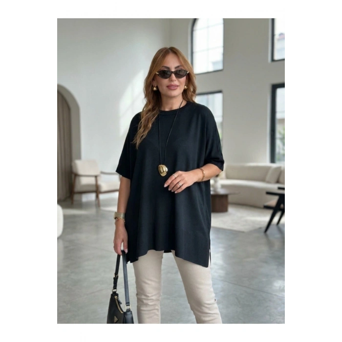 Kadın Bisiklet Yaka Kısa Yarasa Kollu Yanları Yırtmaçlı Oversize Dökümlü Merserize Bluz