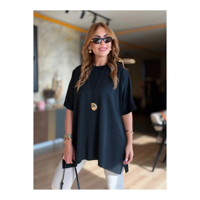 Kadın Bisiklet Yaka Kısa Yarasa Kollu Yanları Yırtmaçlı Oversize Dökümlü Merserize Bluz