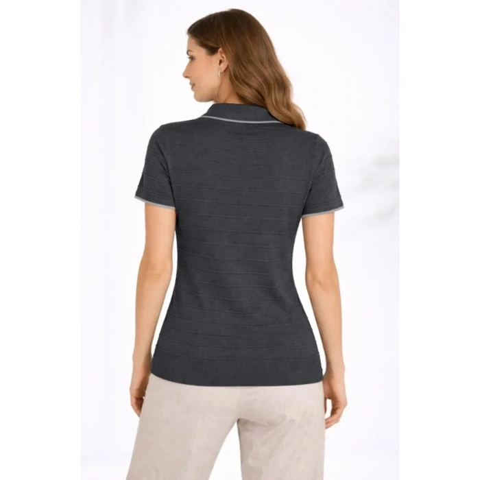 Triko Kumaş Yakalı Düğmesiz Açık Yaka Fitilli Kısa Kollu Regular Fit Tişört T-shirt - Siyah