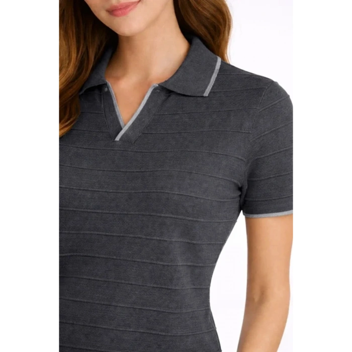 Triko Kumaş Yakalı Düğmesiz Açık Yaka Fitilli Kısa Kollu Regular Fit Tişört T-shirt - Siyah