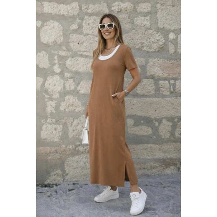 Kadın Kısa Kollu Içi Atlet Görünümlü Yandan Yırtmaçlı Uzun Viskon Elbise