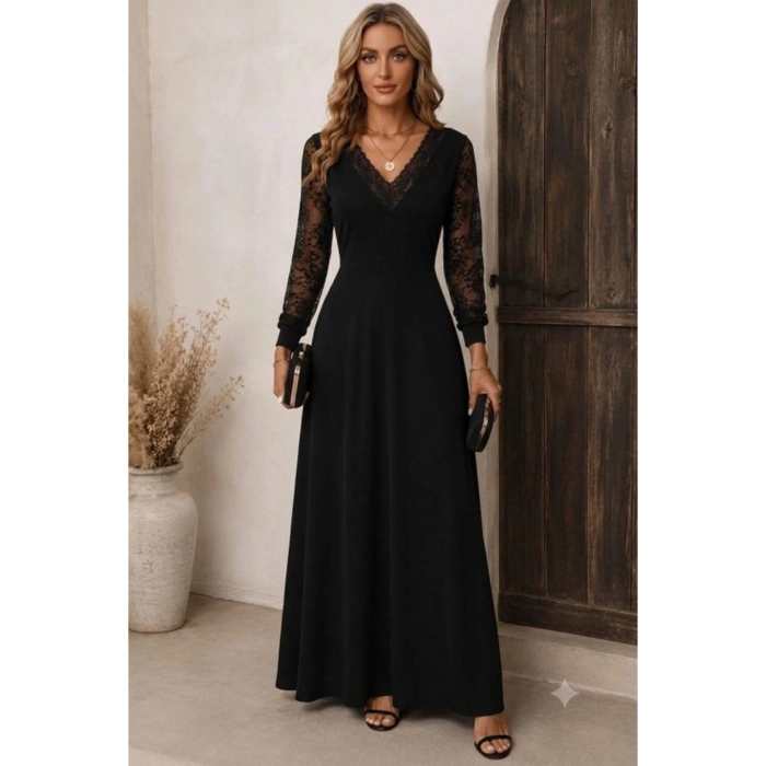 Kadın Uzun Kollu V Yakalı Dantelli Uzun Janjan Krep Elbise