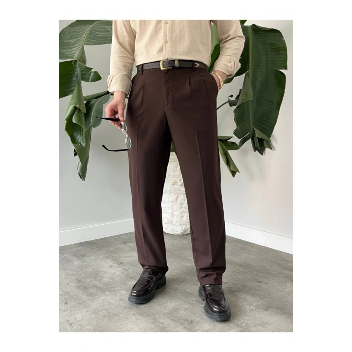 Erkek Beli Lastikli Pileli Rahat Kesim Kumaş Pantolon