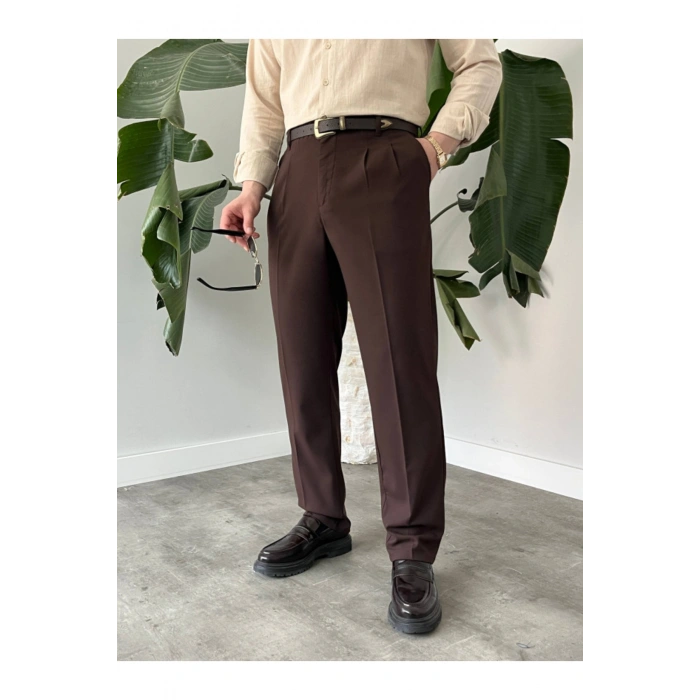 Erkek Beli Lastikli Pileli Rahat Kesim Kumaş Pantolon