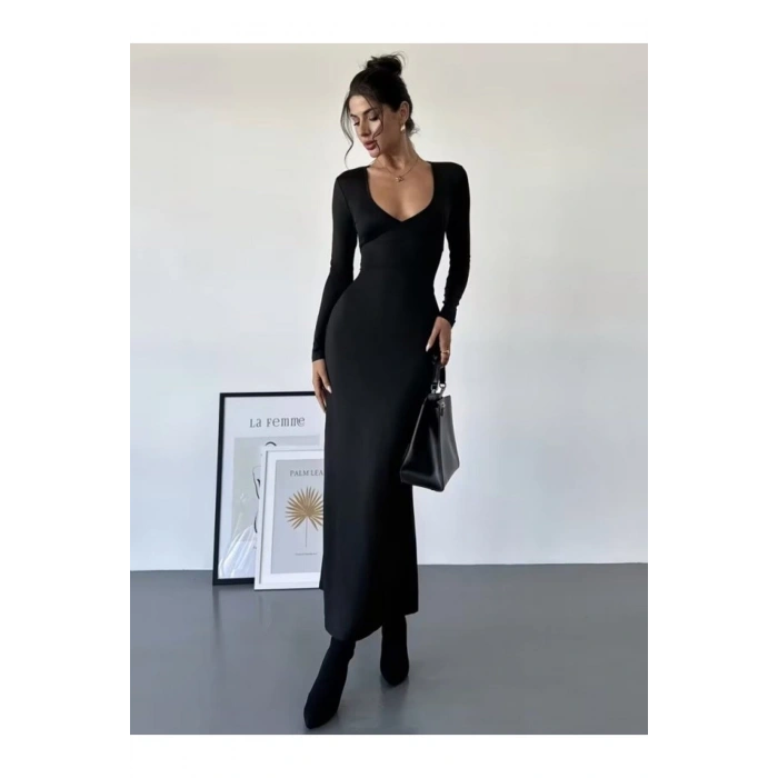 Kadın Uzun Kollu Derin Gögüs Detaylı Belden Bağcıklı Uzun Dalgıç Elbise