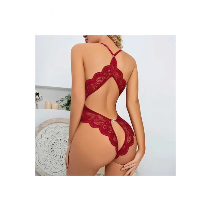 Bordo Özel Bölgesi Açık Dantel İşlemeli Body