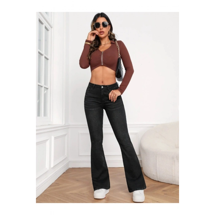 Kadın Yüksek Bel Cepli İspanyol Paçalı Kot Jeans Pantolon
