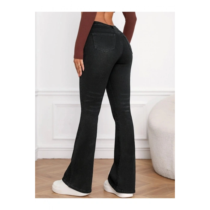 Kadın Yüksek Bel Cepli İspanyol Paçalı Kot Jeans Pantolon