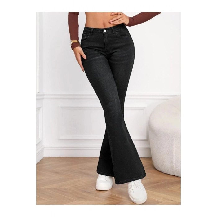 Kadın Yüksek Bel Cepli İspanyol Paçalı Kot Jeans Pantolon