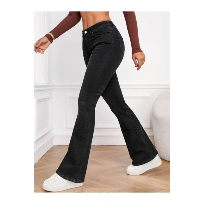 Kadın Yüksek Bel Cepli İspanyol Paçalı Kot Jeans Pantolon