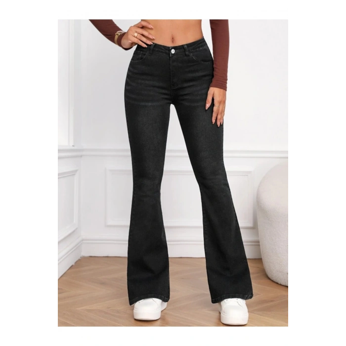 Kadın Yüksek Bel Cepli İspanyol Paçalı Kot Jeans Pantolon