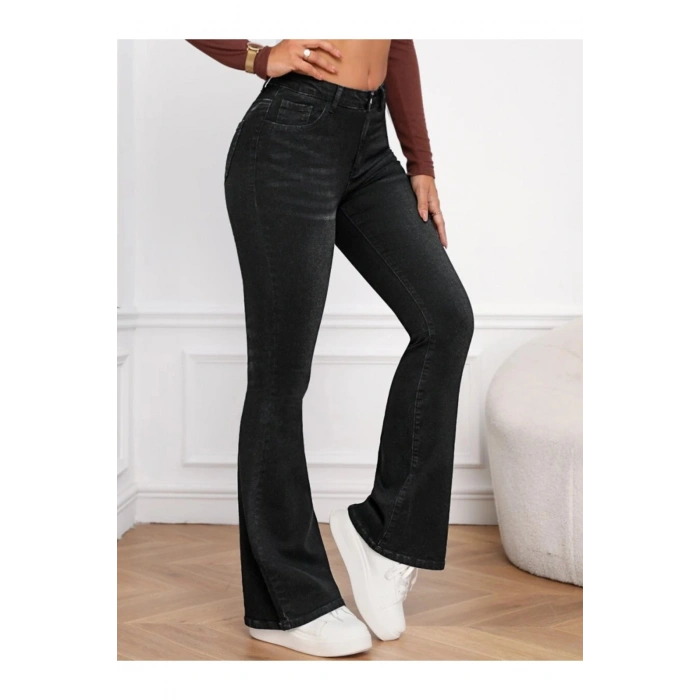 Kadın Yüksek Bel Cepli İspanyol Paçalı Kot Jeans Pantolon