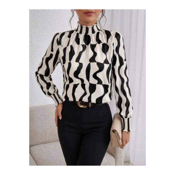 Kadın Uzun Kollu Balıkçı Yakalı Desenli Süprem Bluz