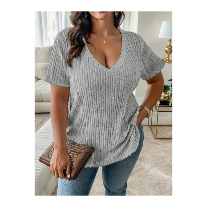 Kadın Kısa Kollu V Yaka Fitilli Kaşkorse Bluz