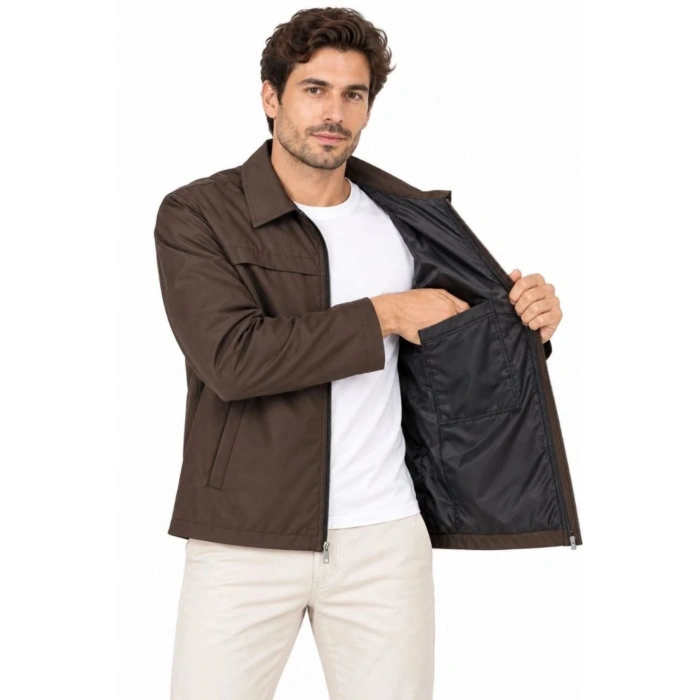 Erkek Su İtici Rüzgar Keser Astarlı Tam Fermuarlı 4 Mevsim Regular Fit Mont Ceket - Kahverengi
