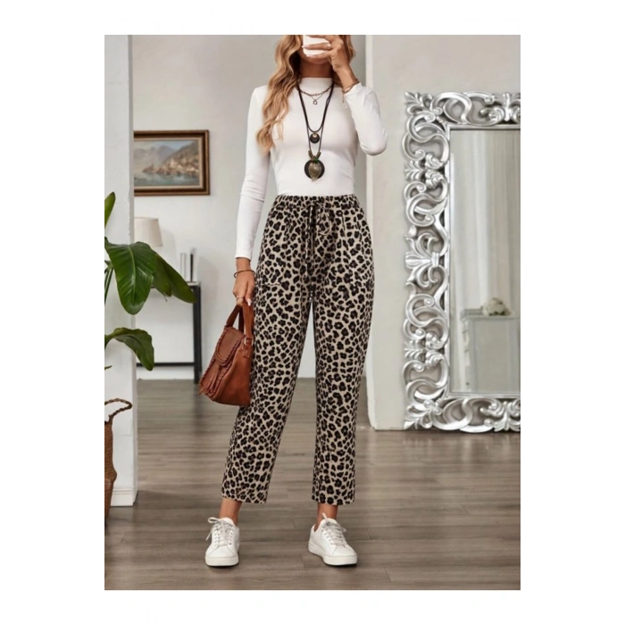 Kadın Yüksek Bel Bağcıklı Leopar Desenli Modal Pantolon