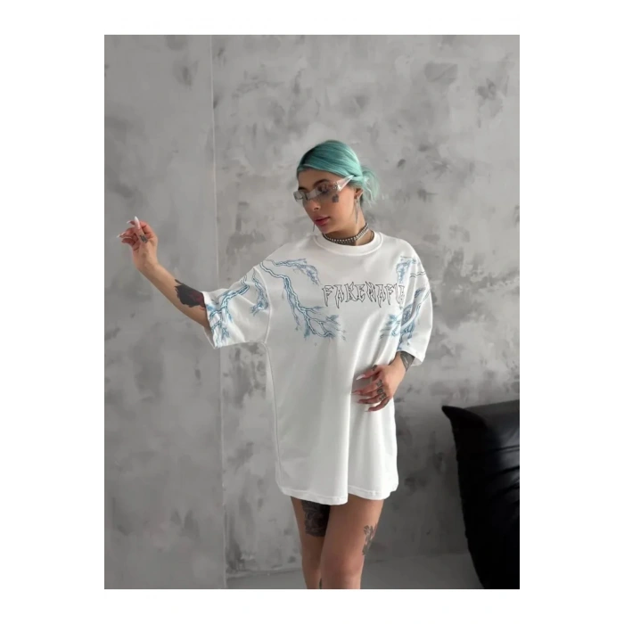 Unisex Bisiklet Yaka Baskılı Oversize T-Shirt - Beyaz
