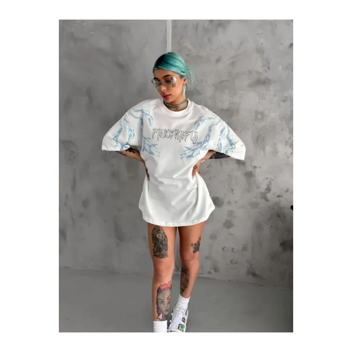 Unisex Bisiklet Yaka Baskılı Oversize T-Shirt - Beyaz