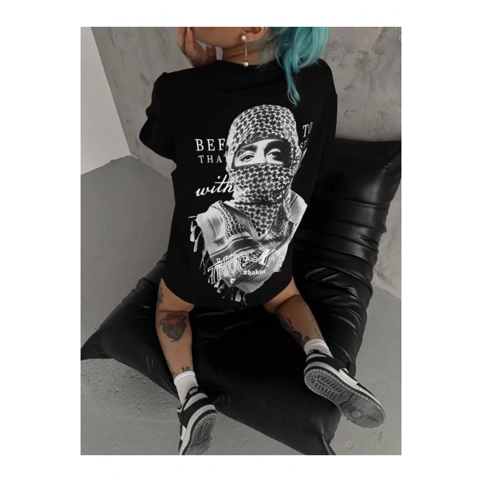 Unisex Baskılı Oversize T-Shirt - Siyah