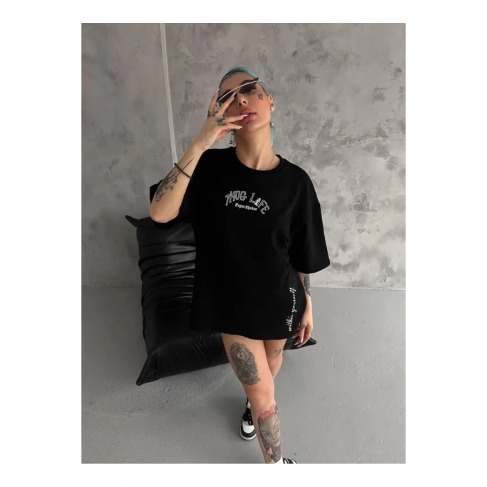 Unisex Baskılı Oversize T-Shirt - Siyah