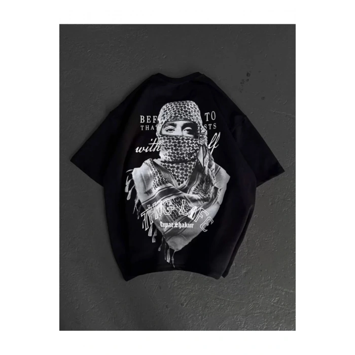 Unisex Baskılı Oversize T-Shirt - Siyah
