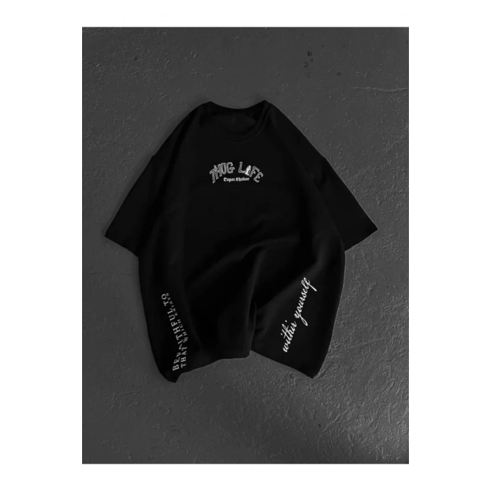 Unisex Baskılı Oversize T-Shirt - Siyah