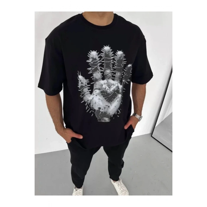 Unisex Bisiklet Yaka Baskılı Oversize T-Shirt - Siyah