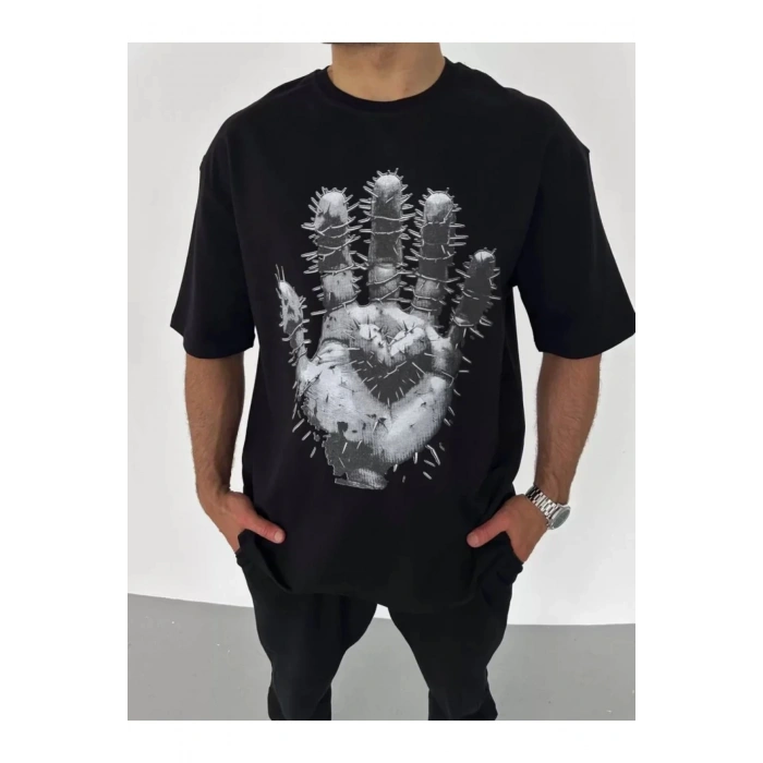 Unisex Bisiklet Yaka Baskılı Oversize T-Shirt - Siyah