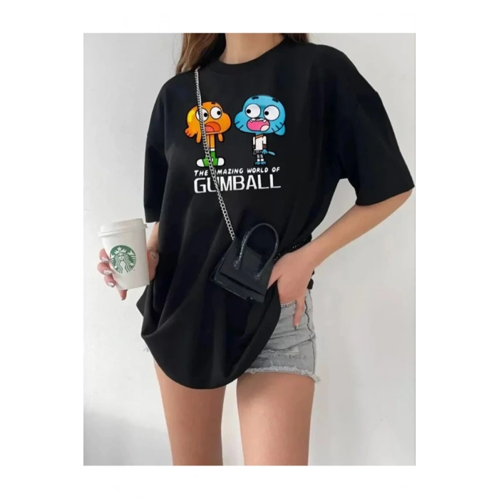 Bisiklet Yaka Baskılı Oversize T-Shirt - Siyah