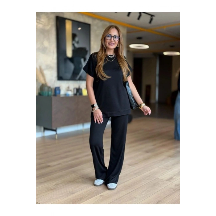 Kadın Kısa Kollu Bisiklet Yaka Viskon Iki Iplik Bluz Ve Pantolon Ikili Takım