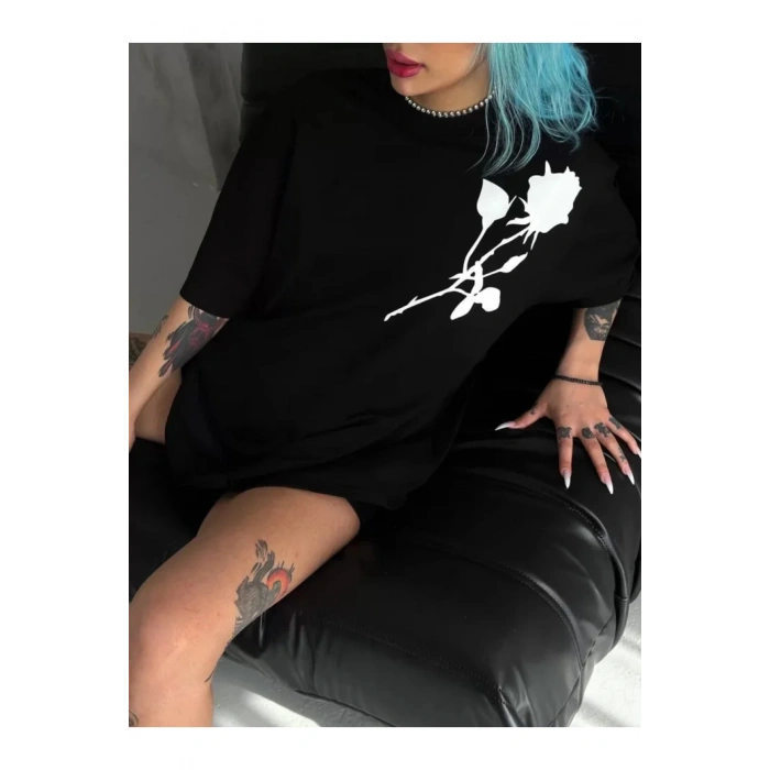 Unisex Bisiklet Yaka Baskılı Oversize T-Shirt - Siyah