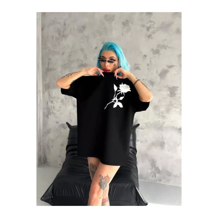 Unisex Bisiklet Yaka Baskılı Oversize T-Shirt - Siyah