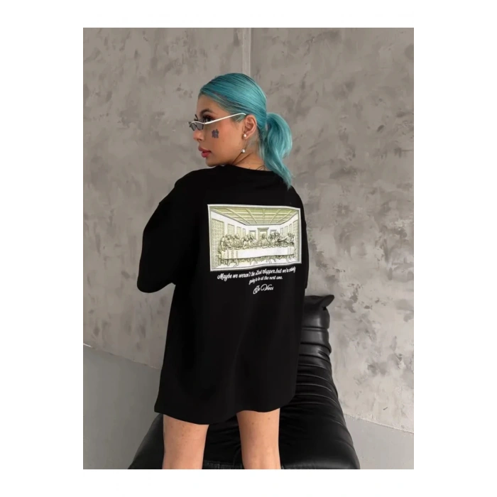 Unisex Baskılı Oversize T-Shirt - Siyah