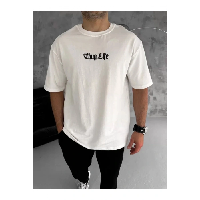 Unisex Bisiklet Yaka Baskılı Oversize T-Shirt - Beyaz