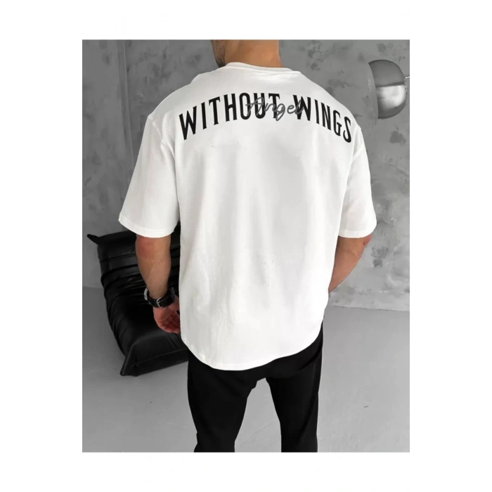 Unisex Bisiklet Yaka Baskılı Oversize T-Shirt - Beyaz